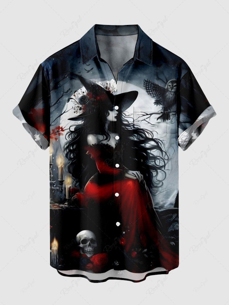 Chemise grande taille à boutons et poches pour homme, motif sorcière, crânes, bougies, hibou et lune Noir 6XL