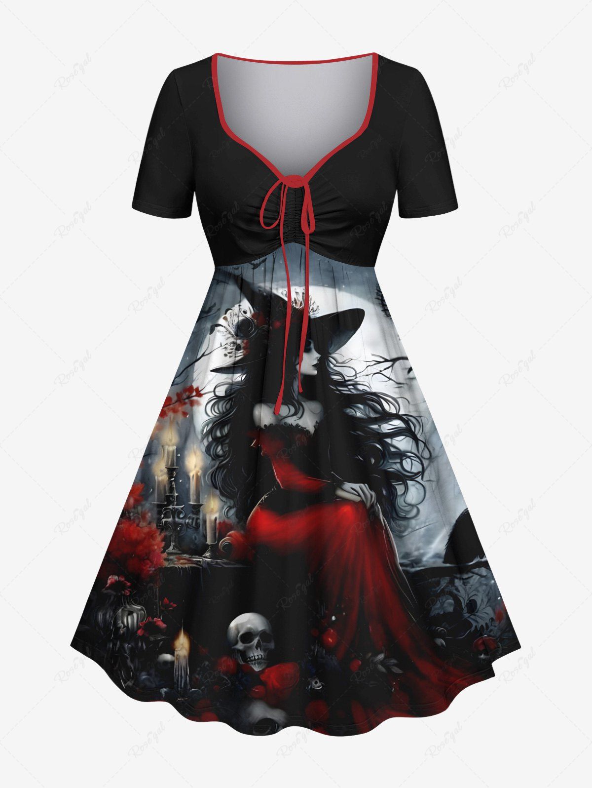 Fashion Plus Size Halloween Wizard Skulls Candles Owl Moon Print Cinched Dress  