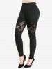 Gothic Skulls Flocking Lace Up Flare Sleeve Top and Mesh Patchwork Skinny Leggings Plus Size Outfit -  