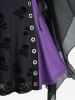 Gothic Skulls Flocking Lace Up Flare Sleeve Top and Mesh Patchwork Skinny Leggings Plus Size Outfit -  