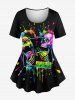 Colorful Skull Skeleton Heart Painting Splatter Print Women T-shirt and Flare Pants Plus Size Matching Set -  