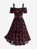 Robe débardeur grande taille à volants, imprimé fleurs roses, bordure en dentelle, épaules dénudées et froncées - Rouge foncé L | US 12