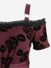 Robe débardeur grande taille à volants, imprimé fleurs roses, bordure en dentelle, épaules dénudées et froncées - Rouge foncé L | US 12