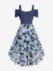 Plus Size Flowers Tie Dye Print Ruched Shell Buckle Cold Shoulder High Low Tank Dress -  