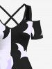 Plus Size Two Tone Bat Print Halloween Cold Shoulder Crisscross A Line Maxi Dress -  