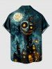 Plus Size Skull Monster Moon Galaxy Castle Print Halloween Button Pocket Shirt For Men -  
