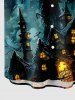 Plus Size Skull Monster Moon Galaxy Castle Print Halloween Button Pocket Shirt For Men -  