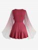 Plus Size Stars Silver Stamping Ombre Print Mesh Twist Ruffles Ruched Flare Sleeves Top -  
