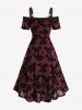 Plus Size Rose Flower Print Ruffles Lace Trim Ruched Cold Shoulder Tank Dress -  