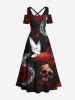 Plus Size Halloween Skull Flowers Butterfly Centipede Print Cold Shoulder Crisscross Maxi Dress -  
