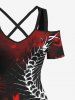 Plus Size Halloween Skull Flowers Butterfly Centipede Print Cold Shoulder Crisscross Maxi Dress -  