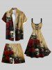 Plus Size Distressed Skull Rose Flower Print Halloween Drawstring Beach Shorts For Men -  