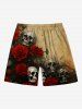 Plus Size Distressed Skull Rose Flower Print Halloween Drawstring Beach Shorts For Men -  