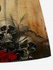 Plus Size Distressed Skull Rose Flower Print Halloween Drawstring Beach Shorts For Men -  