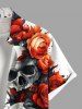 Chemise grande taille à boutons et poches pour homme, motif tête de mort, roses et fleurs, pour Halloween - Blanc 4XL