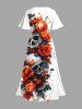 Robe mi-longue fendue grande taille à imprimé tête de mort et roses pour Halloween - Blanc L