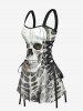 Halloween Skull Skeleton Print Lace Up Tank Dress -  
