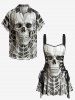 Halloween Skull Skeleton Print Lace Up Tank Dress -  