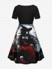 Plus Size Halloween Wizard Skulls Candles Owl Moon Print Cinched Dress -  