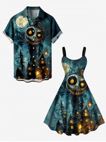 Halloween Skull Monster Moon Galaxy Castle Print Plus Size Matching Outfit For Couples
