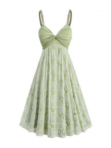 Floral Lace Panel Twist A Line Dress - LIGHT GREEN - XXL