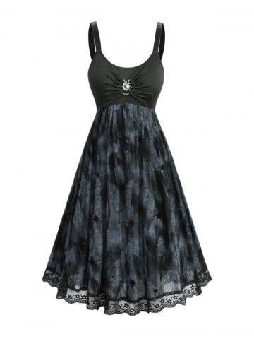 Sun Tie Dye Printed Buckle Cinched A Line Dress - BLACK - XXXL