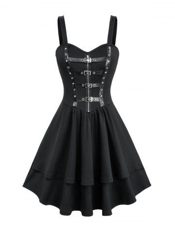 Star Zipper PU Strap Grommet Buckle Layered A Line Tank Dress - BLACK - XXXL