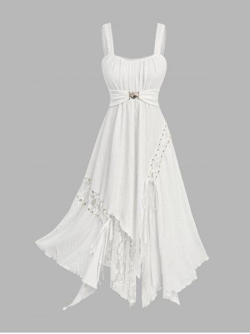 Lace-up Grommets Lace Trim Shell Buckle Ruffles Asymmetrical Tank Dress - WHITE - XXL