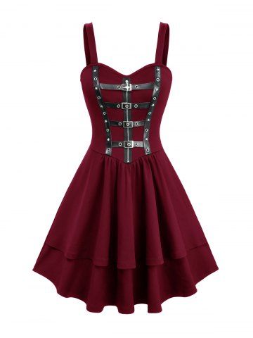 Star Zipper PU Strap Grommet Buckle Layered A Line Tank Dress - RED WINE - L