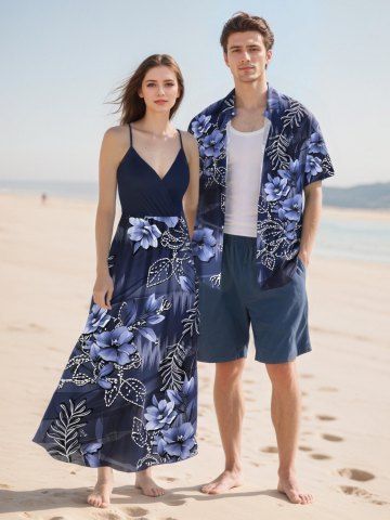 Flower Leaf Branch Waterwave Print Plus Size Matching Hawaii Beach Outfit For Couples - BLUE