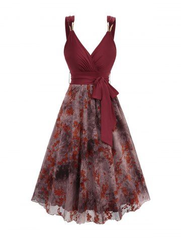 Tie Dye Flower Flocking Surplice A Line Tank Dress with Removable Belt - DEEP RED - XXXL