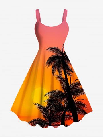 Plus Size Coconut Tree Sun Ombre Print Hawaii Tank Dress - ORANGE - XS