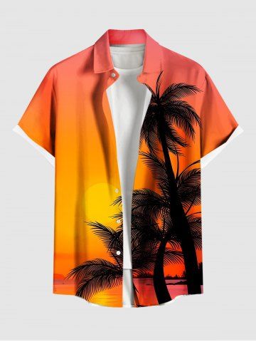 Plus Size Coconut Tree Sun Ombre Print Buttons Pocket Hawaii Shirt For Men - ORANGE - 4XL