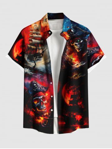 Plus Size Halloween Skull Pirate Sea Waves Ship Fire Flame Print Buttons Pocket Shirt For Men - RED - 3XL