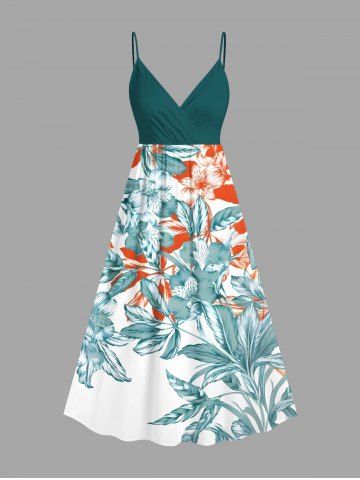 Plus Size Flowers Leaf Print Surplice Hawaii Cami Dress - WHITE - XXS