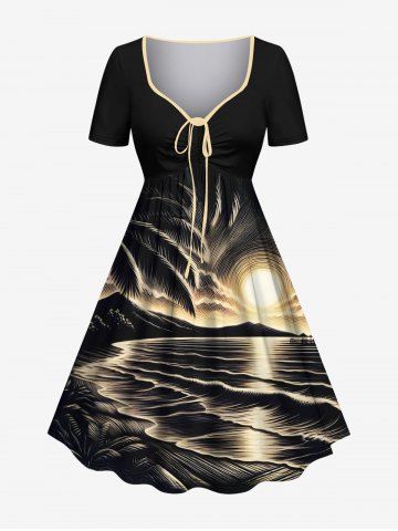 Plus Size Coconut Tree Sunset Sea Waves Print Cinched Hawaii Dress - BLACK - XXS