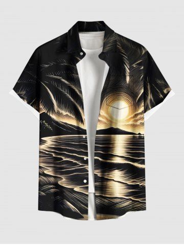 Plus Size Coconut Tree Sunset Sea Waves Print Buttons Pocket Hawaii Shirt For Men - BLACK - 6XL