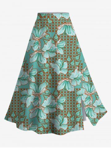 Plus Size Hibiscus Flowers Leaf Print Split Hawaii Skirt - GREEN - XS