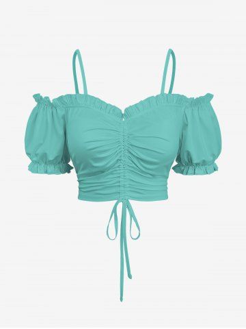 Plus Size Cinched Ruched Ruffles Cold Shoulder Cami Top - GREEN - XS
