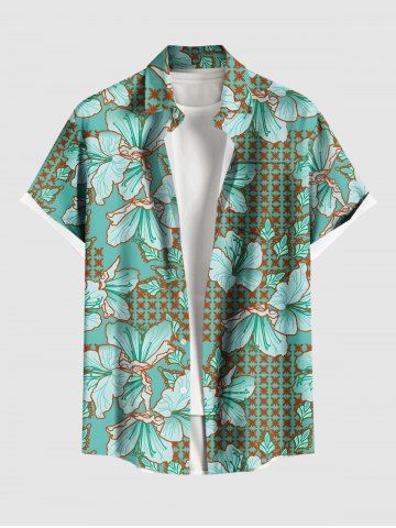 Plus Size Hibiscus Flowers Leaf Print Buttons Pocket Hawaii Shirt For Men - GREEN - 6XL