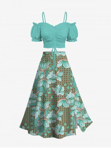 Hibiscus Flowers Leaf Print Hawaii Plus Size Matching Set - GREEN