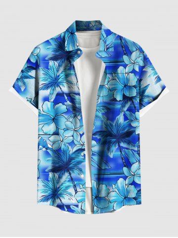 Plus Size Coconut Tree Hibiscus Flowers Tie Dye Print Buttons Pocket Hawaii Shirt For Men - SKY BLUE - 6XL