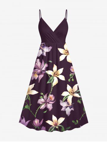 Plus Size Two Tone Flower Leaf Branch Print Hawaii Surplice A Line Cami Dress - RED WINE - S