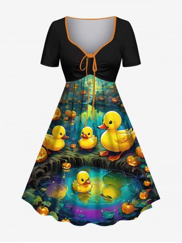 Plus Size Pumpkin Duck Pond Print Halloween Cinched A Line Dress - BLACK - 5X