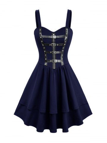 Star Zipper PU Strap Grommet Buckle Layered A Line Tank Dress - DEEP BLUE - XXXL