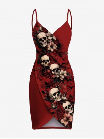 Plus Size Skull Hibiscus Flower Leaf Print Halloween Convertible Beach Cover Up - RED - XXS