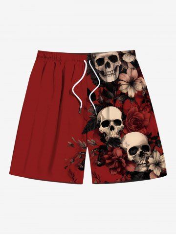 Plus Size Skull Hibiscus Flower Leaf Print Halloween Drawstring Beach Shorts For Men - RED - 5XL