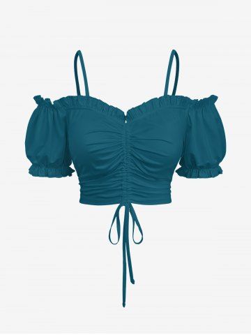 Plus Size Cold Shoulder Puff Sleeve Solid Cinched Top - GREEN - 6X