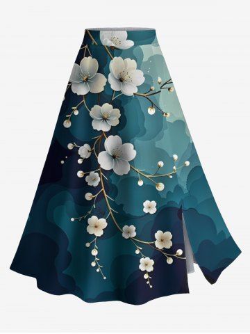 Plus Size Ombre Watercolor Flower Branch Print Hawaii Split A Line Skirt - GREEN - 6X