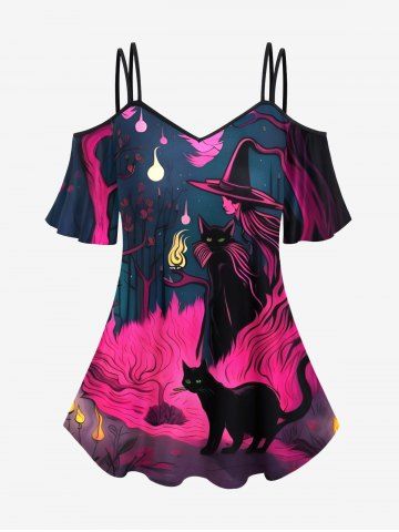 Plus Size Wizard Cat Tree Fire Flame Print Halloween Cold Shoulder Cami T-shirt - BLACK - 5X